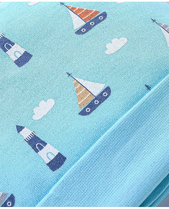 Babyhug 100% Cotton Cap Boat Printed with Ears Applique  - Blue