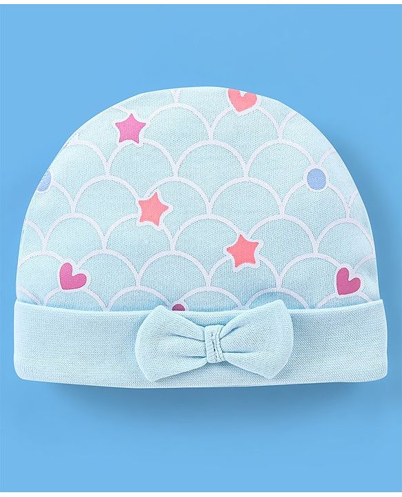 Babyhug 100% Cotton Cap Star Printed with Bow Applique - Blue