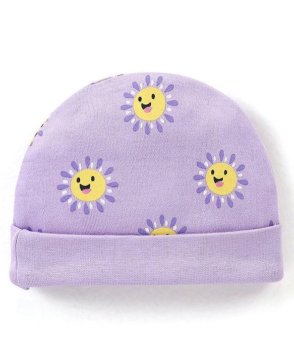 Babyhug 100% Cotton Cap Floral Printed with Bow Applique - Purple