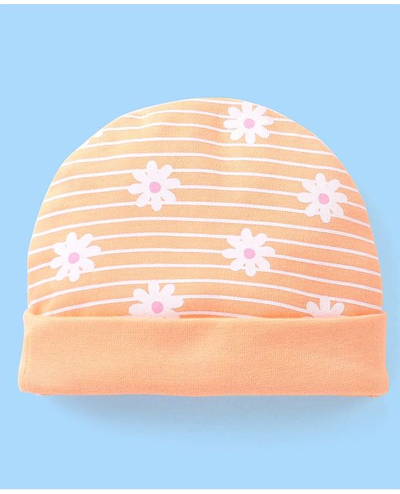 Babyhug 100% Cotton Cap Floral Printed with Bow Applique  Orange - Diameter 9 Cm