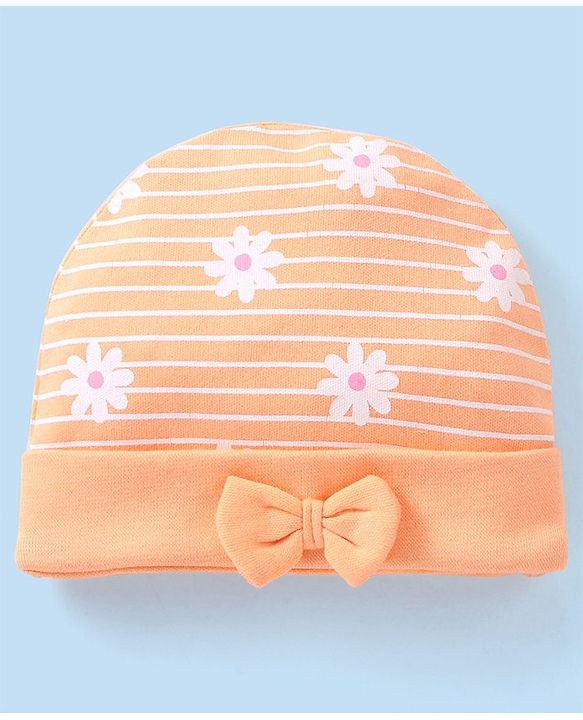 Babyhug 100% Cotton Cap Floral Printed with Bow Applique  Orange - Diameter 9 Cm