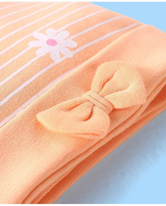 Babyhug 100% Cotton Cap Floral Printed with Bow Applique  Orange - Diameter 9 Cm