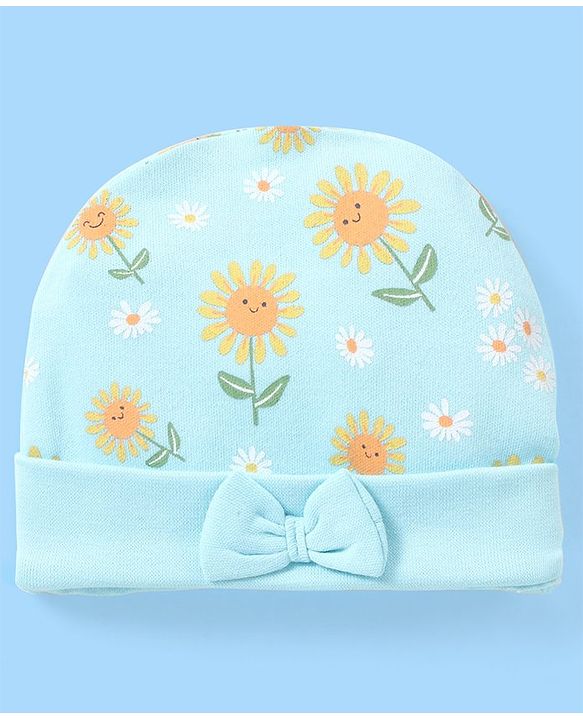 Babyhug 100% Cotton Cap Sun Flower Printed with Bow Applique  Blue - Diameter 9 Cm