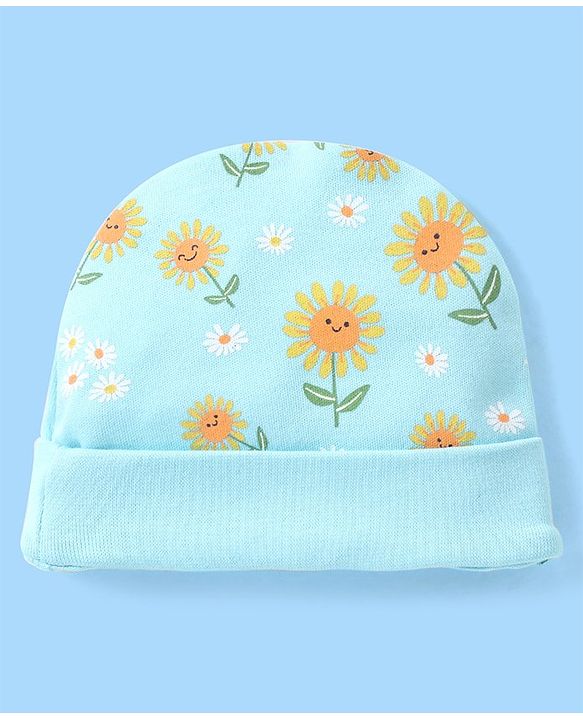 Babyhug 100% Cotton Cap Sun Flower Printed with Bow Applique  Blue - Diameter 9 Cm
