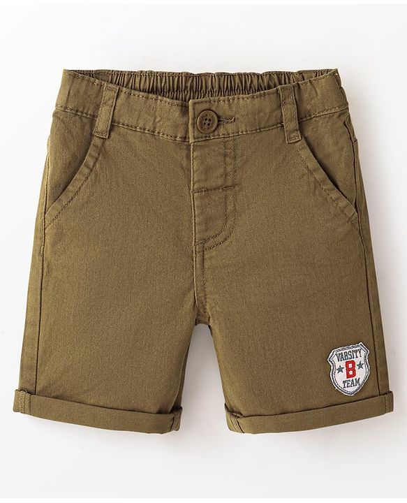 Babyhug Cotton Spandex Knee Length Stretchable Shorts Varsity B Team Patch - Khaki