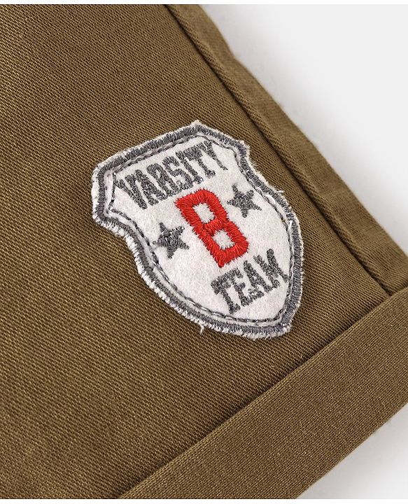 Babyhug Cotton Spandex Knee Length Stretchable Shorts Varsity B Team Patch - Khaki