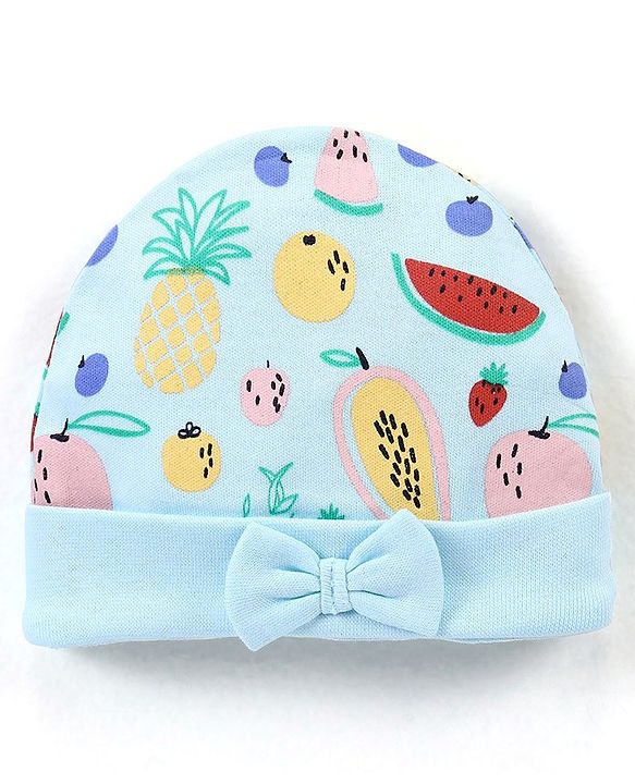 Babyhug 100% Cotton Cap Fruit Printed with Bow Applique - Blue
