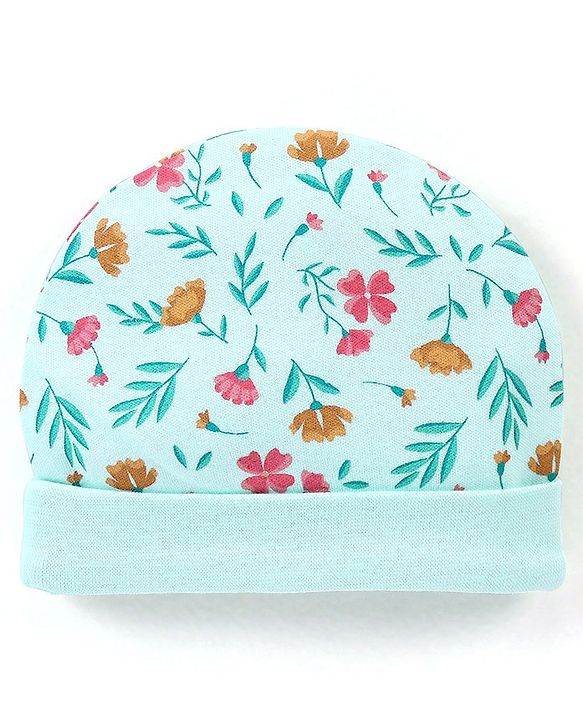 Babyhug 100% Cotton Cap Floral Printed with Bow Applique - Blue