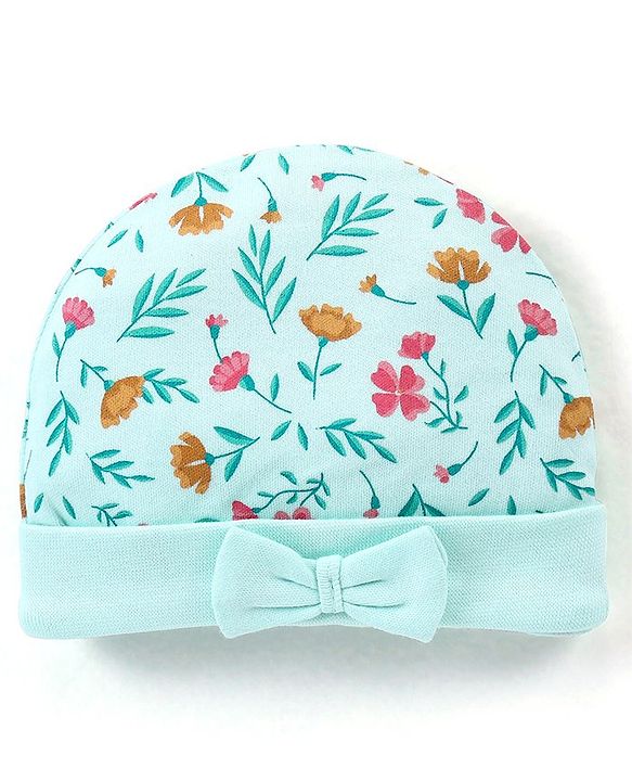 Babyhug 100% Cotton Cap Floral Printed with Bow Applique - Blue