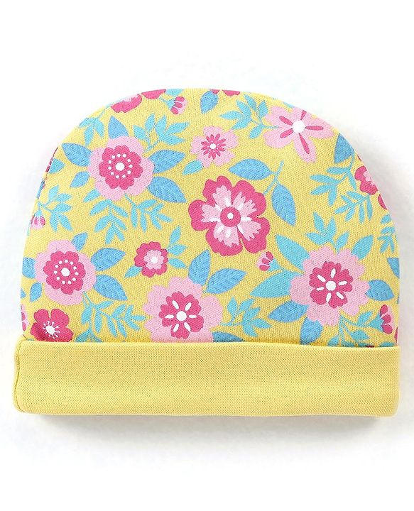 Babyhug 100% Cotton Cap Floral Printed with Bow Applique - Yellow