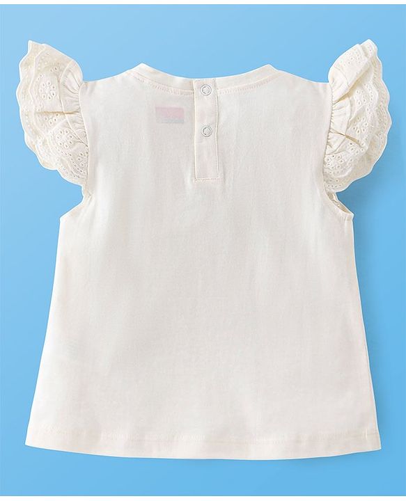 Babyhug 100% Cotton Frill Sleeves Tee With With Headband & Butterfly Graphics- Off White