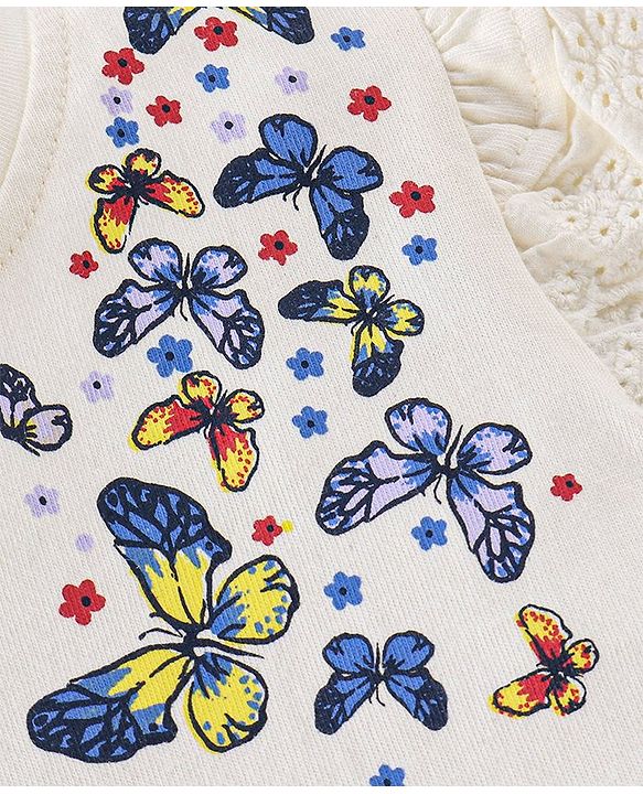 Babyhug 100% Cotton Frill Sleeves Tee With With Headband & Butterfly Graphics- Off White