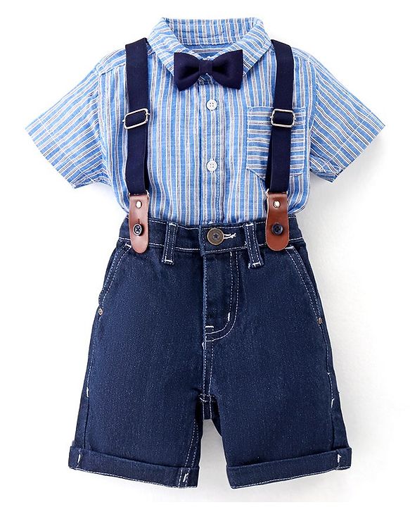 Babyhug Cotton Woven Half Sleeves Striped Party Wear Shirt & Denim Shorts Set with Bow Tie & Suspenders - Blue