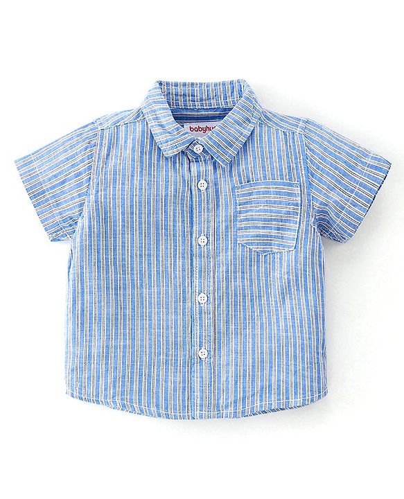 Babyhug Cotton Woven Half Sleeves Striped Party Wear Shirt & Denim Shorts Set with Bow Tie & Suspenders - Blue