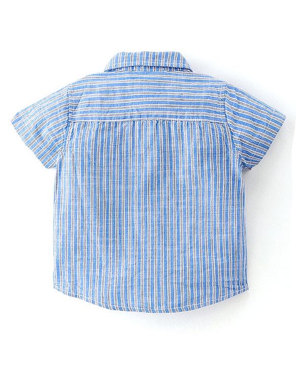 Babyhug Cotton Woven Half Sleeves Striped Party Wear Shirt & Denim Shorts Set with Bow Tie & Suspenders - Blue