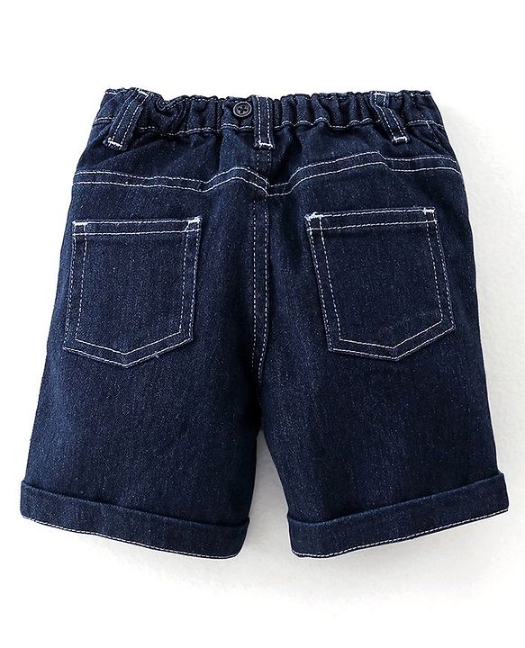 Babyhug Cotton Woven Half Sleeves Striped Party Wear Shirt & Denim Shorts Set with Bow Tie & Suspenders - Blue