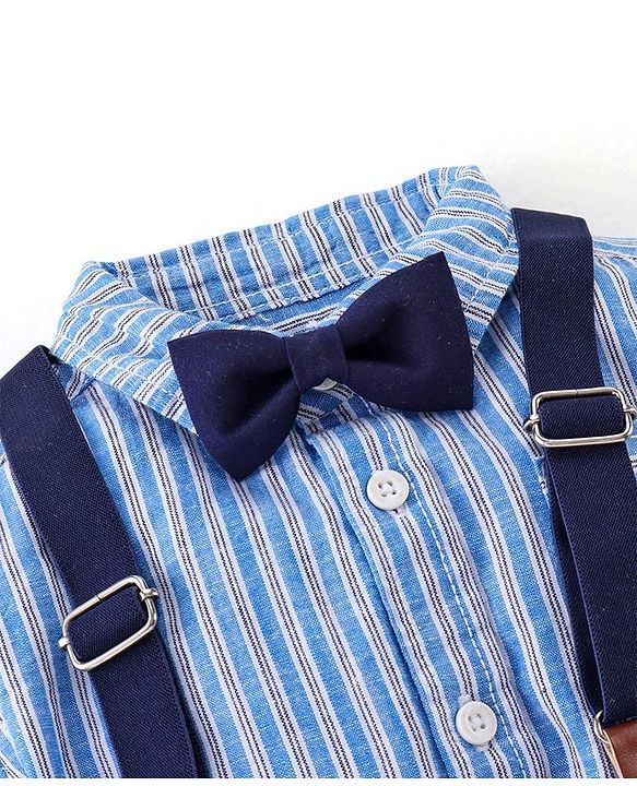 Babyhug Cotton Woven Half Sleeves Striped Party Wear Shirt & Denim Shorts Set with Bow Tie & Suspenders - Blue