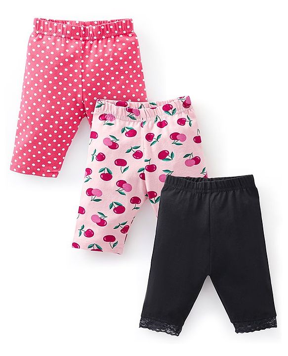 Babyhug Cotton Knit Three Fourth Leggings Polka Dots & Cherry Print Pack of 3 - Pink & Black