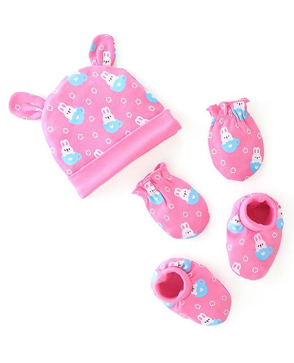 Babyhug 100% Cotton Cap Mittens & Booties Bunny Print Pink - Diameter 9 Cm