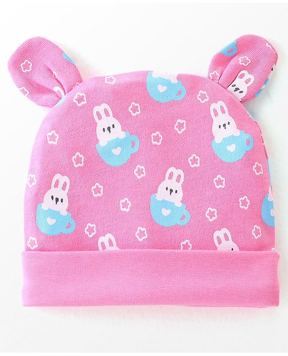 Babyhug 100% Cotton Cap Mittens & Booties Bunny Print Pink - Diameter 9 Cm