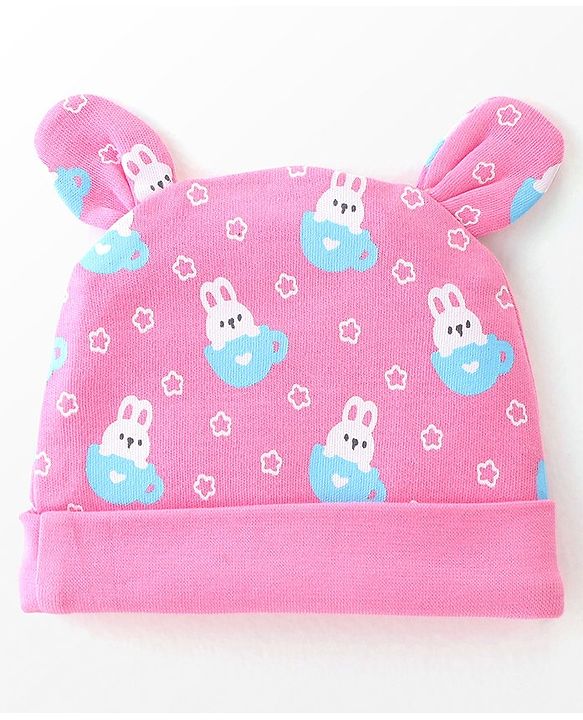 Babyhug 100% Cotton Cap Mittens & Booties Bunny Print Pink - Diameter 9 Cm