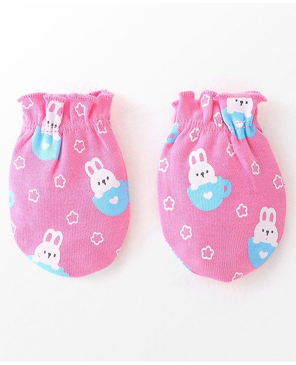 Babyhug 100% Cotton Cap Mittens & Booties Bunny Print Pink - Diameter 9 Cm