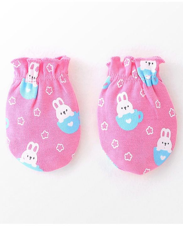 Babyhug 100% Cotton Cap Mittens & Booties Bunny Print Pink - Diameter 9 Cm