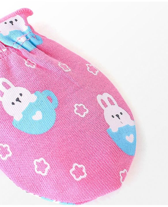 Babyhug 100% Cotton Cap Mittens & Booties Bunny Print Pink - Diameter 9 Cm