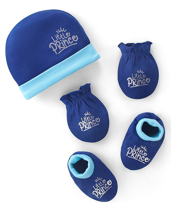 Babyhug 100% Cotton Cap Mittens & Text Print Navy Blue- Diameter 10 cm