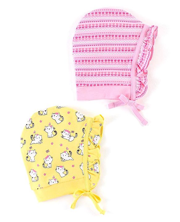 Babyhug 100% Cotton Cap Kitty & Floral Print Pack Of 2 Pink & Yellow - Diameter 12.5