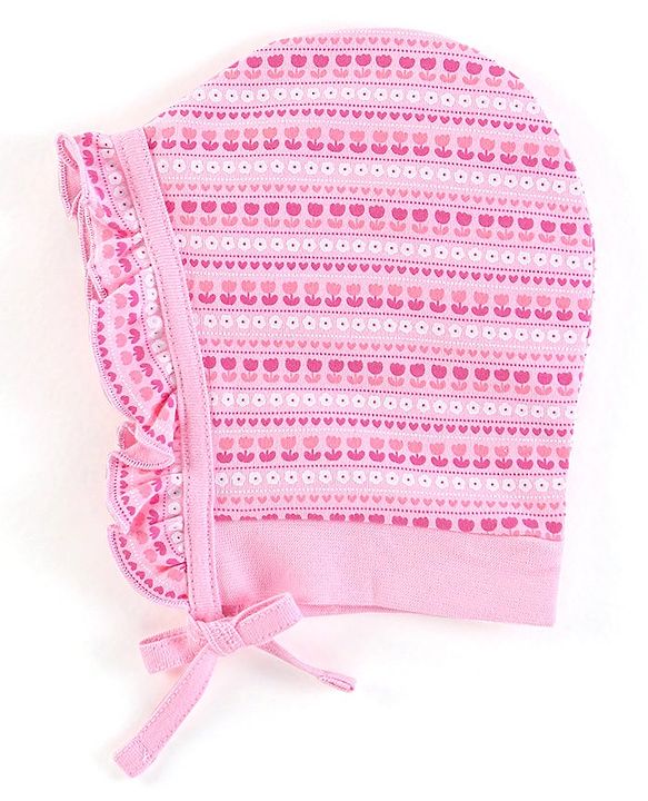 Babyhug 100% Cotton Cap Kitty & Floral Print Pack Of 2 Pink & Yellow - Diameter 12.5