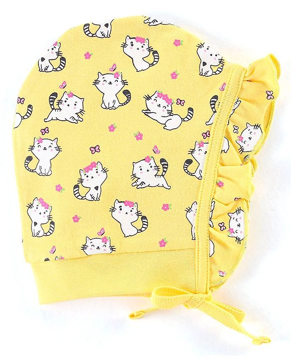 Babyhug 100% Cotton Cap Kitty & Floral Print Pack Of 2 Pink & Yellow - Diameter 12.5