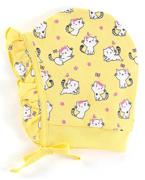 Babyhug 100% Cotton Cap Kitty & Floral Print Pack Of 2 Pink & Yellow - Diameter 12.5