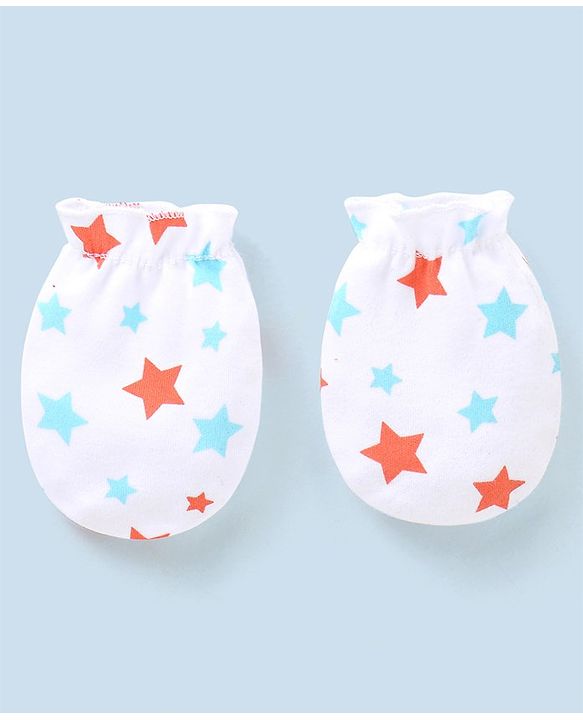 Babyhug 100% Cotton Star Print Mittens Pack of 5 - White Orange & Blue