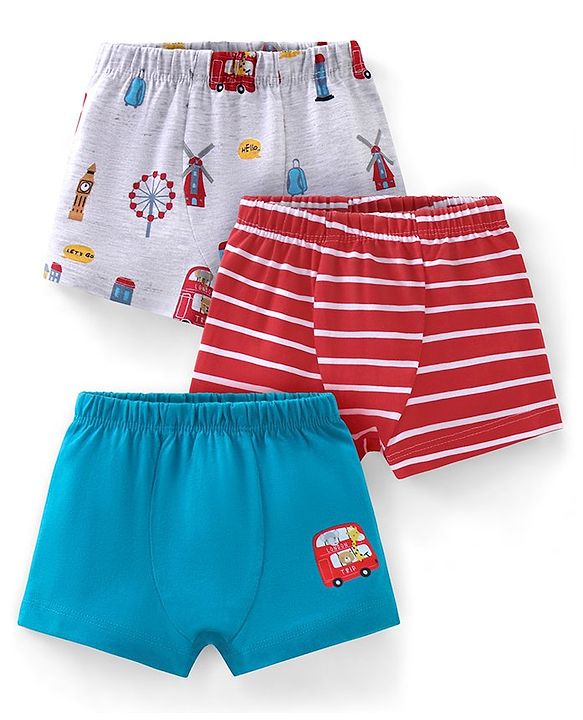 Babyhug 100% Cotton Briefs Stripes & Car Print Pack of 3 - Blue Grey & Maroon