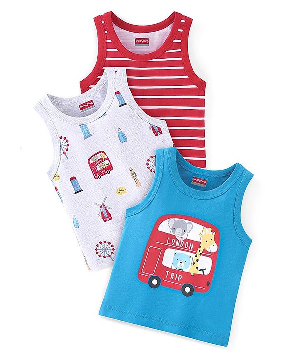 Babyhug 100% Cotton Sleeveless Sando Bus & Wild Animals Print Pack of 3 - Red Blue & Grey