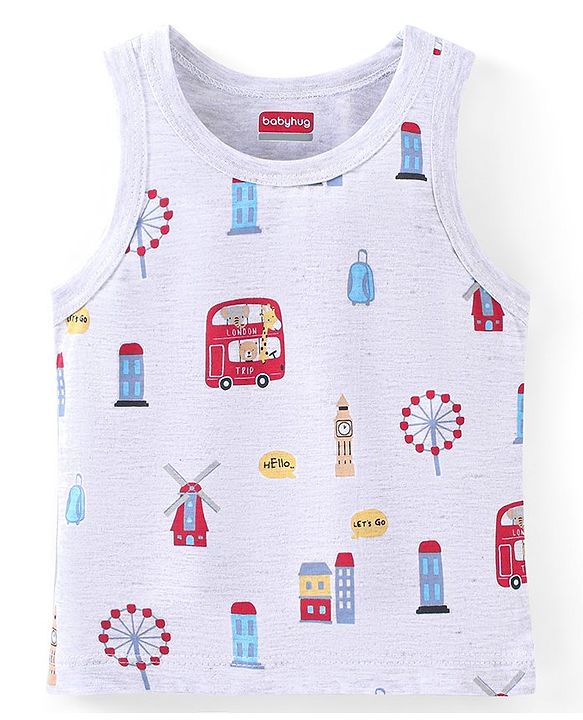 Babyhug 100% Cotton Sleeveless Sando Bus & Wild Animals Print Pack of 3 - Red Blue & Grey