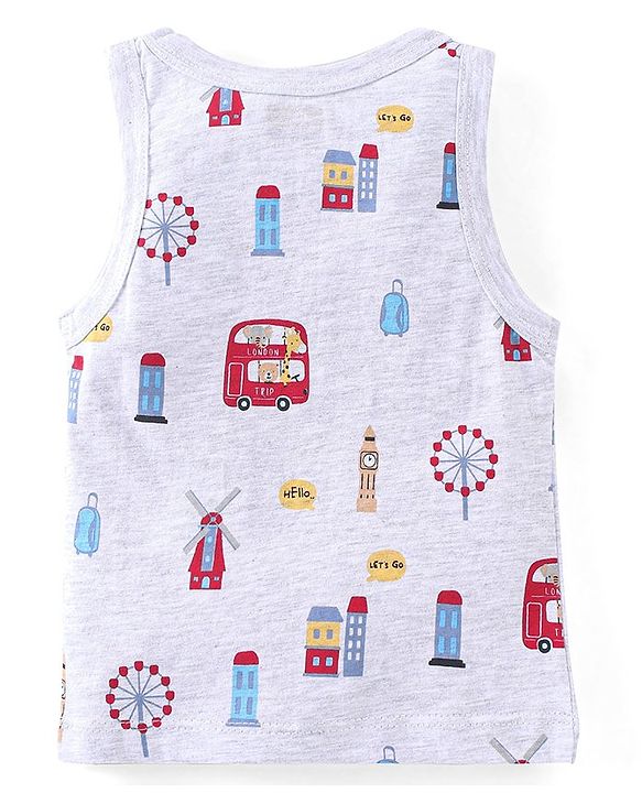 Babyhug 100% Cotton Sleeveless Sando Bus & Wild Animals Print Pack of 3 - Red Blue & Grey