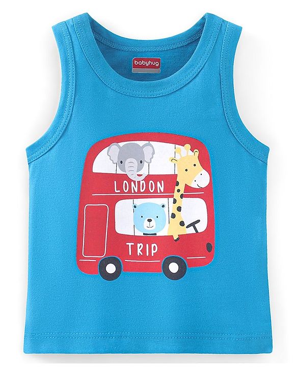 Babyhug 100% Cotton Sleeveless Sando Bus & Wild Animals Print Pack of 3 - Red Blue & Grey