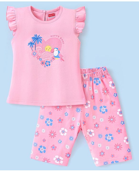 Babyhug Cotton Knit Short Sleeves Night Suit Heart Print - Pink