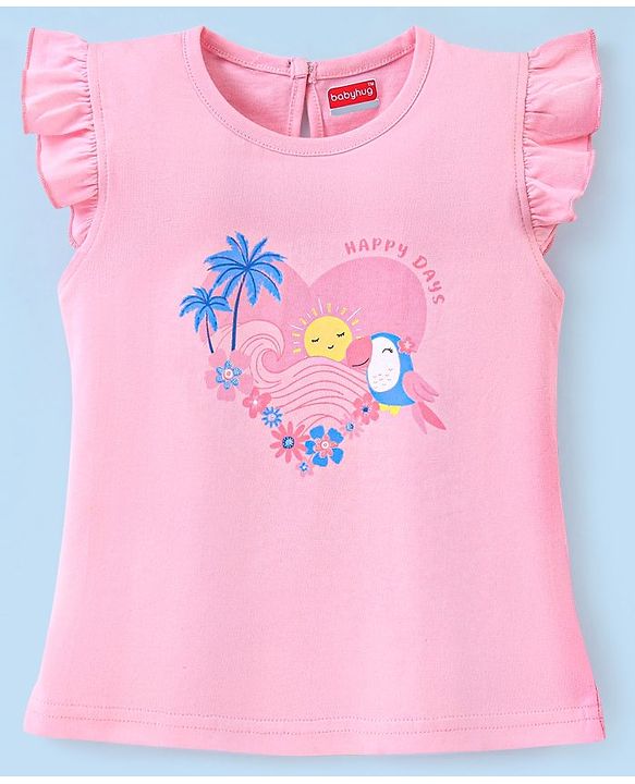 Babyhug Cotton Knit Short Sleeves Night Suit Heart Print - Pink