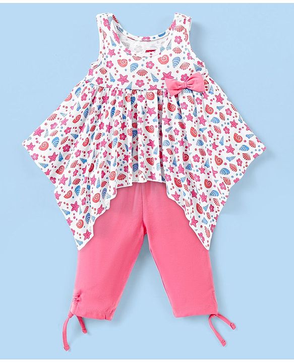 Babyhug 100% Cotton Sleeveless Top & Capri Set Shells Print - White & Pink