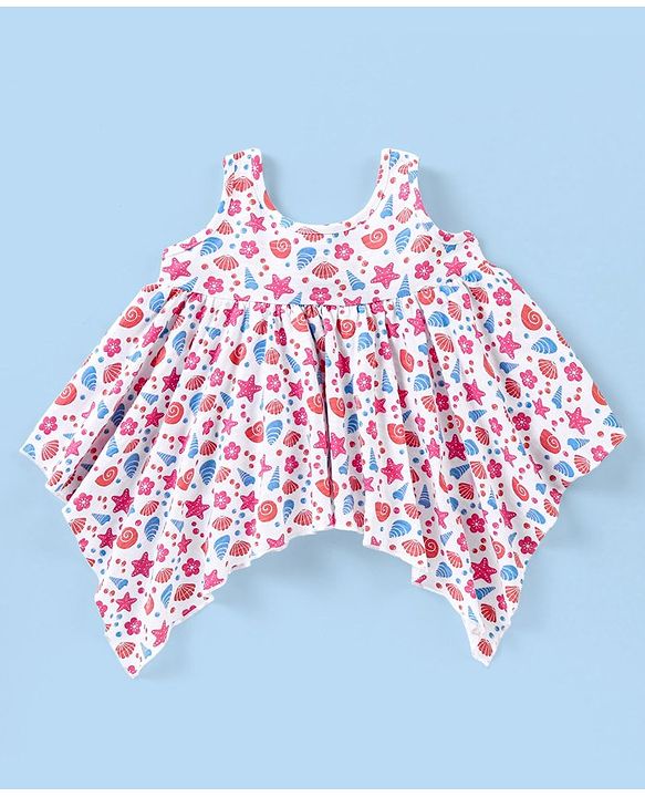 Babyhug 100% Cotton Sleeveless Top & Capri Set Shells Print - White & Pink