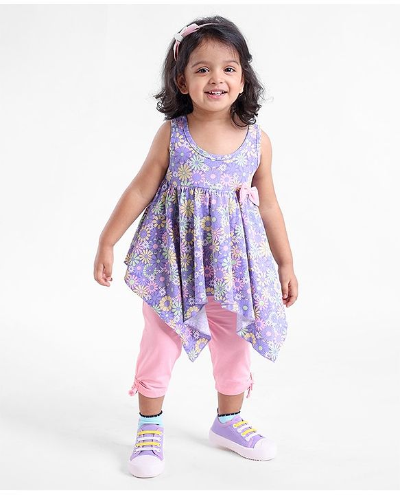 Babyhug 100% Cotton Sleeveless Top & Capri Set Floral Print- Purple & Pink
