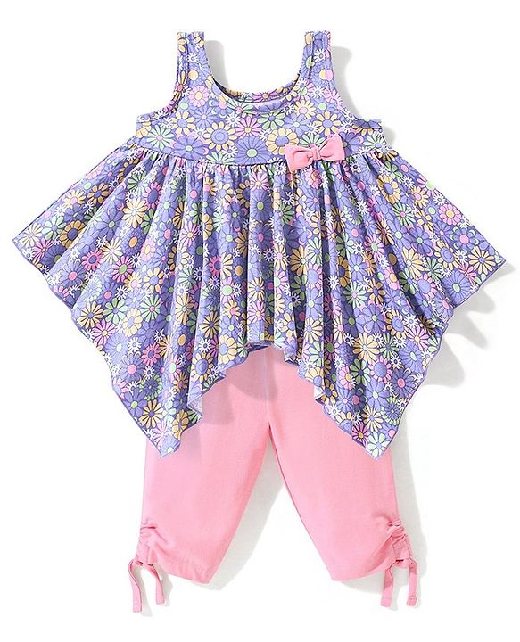 Babyhug 100% Cotton Sleeveless Top & Capri Set Floral Print- Purple & Pink