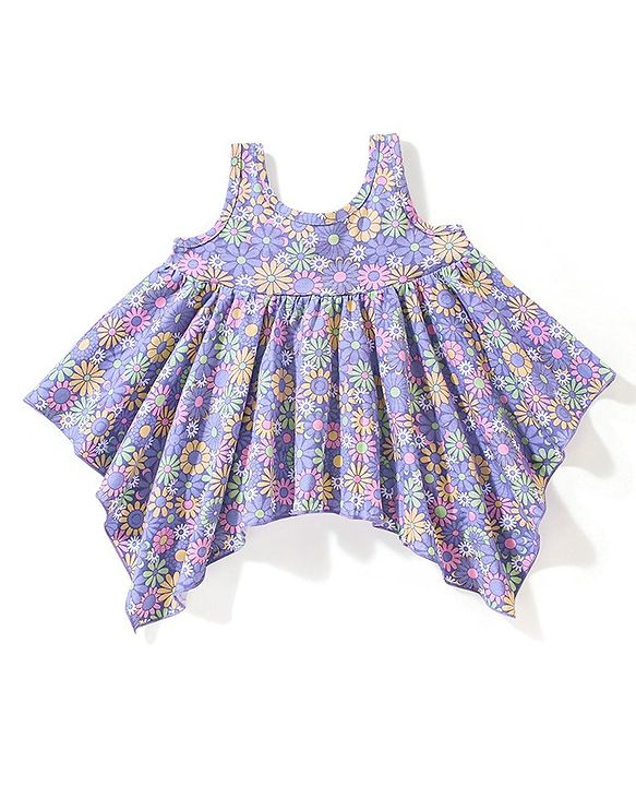 Babyhug 100% Cotton Sleeveless Top & Capri Set Floral Print- Purple & Pink