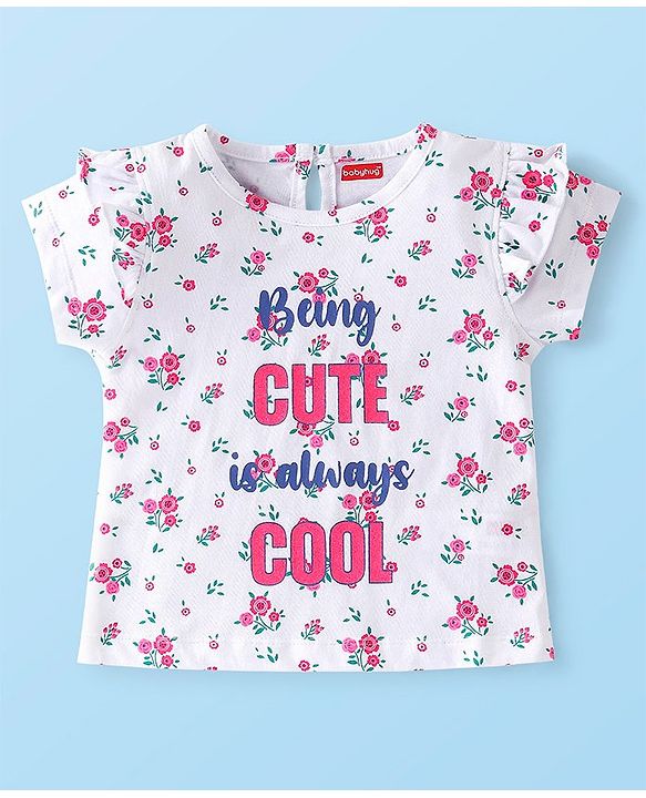 Babyhug 100% Cotton Knit Half Sleeves Floral Graphics & Frill Detailing T-Shirt - White & Pink