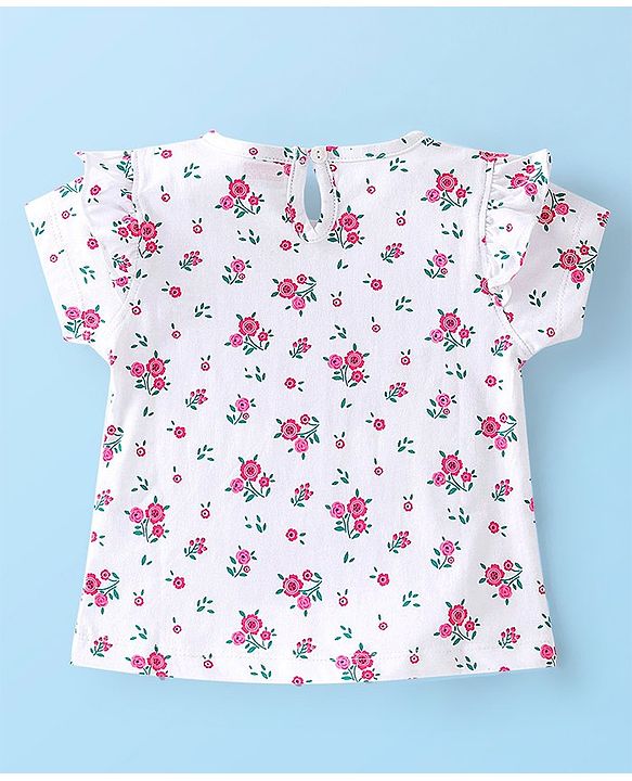 Babyhug 100% Cotton Knit Half Sleeves Floral Graphics & Frill Detailing T-Shirt - White & Pink