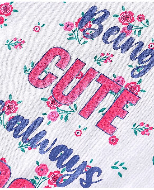 Babyhug 100% Cotton Knit Half Sleeves Floral Graphics & Frill Detailing T-Shirt - White & Pink