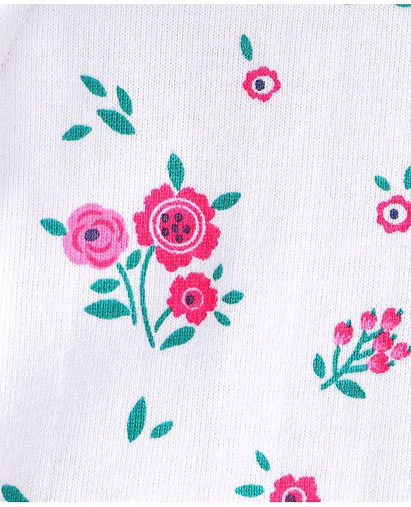 Babyhug 100% Cotton Knit Half Sleeves Floral Graphics & Frill Detailing T-Shirt - White & Pink